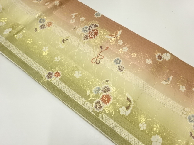 花車に蝶模様織出し袋帯